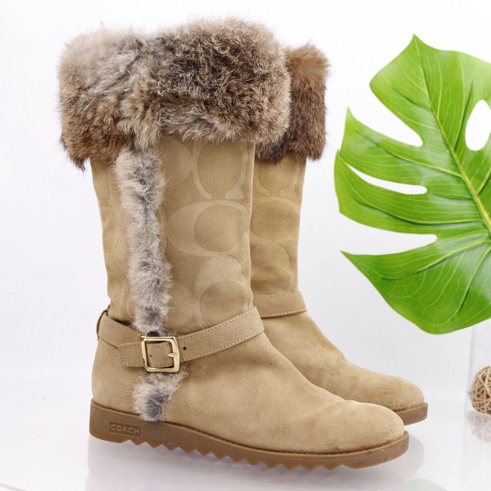 Coach Women's Deeann A7294 Tan Buckle Boot Fur trim Color: Beige Size: 7.5 B